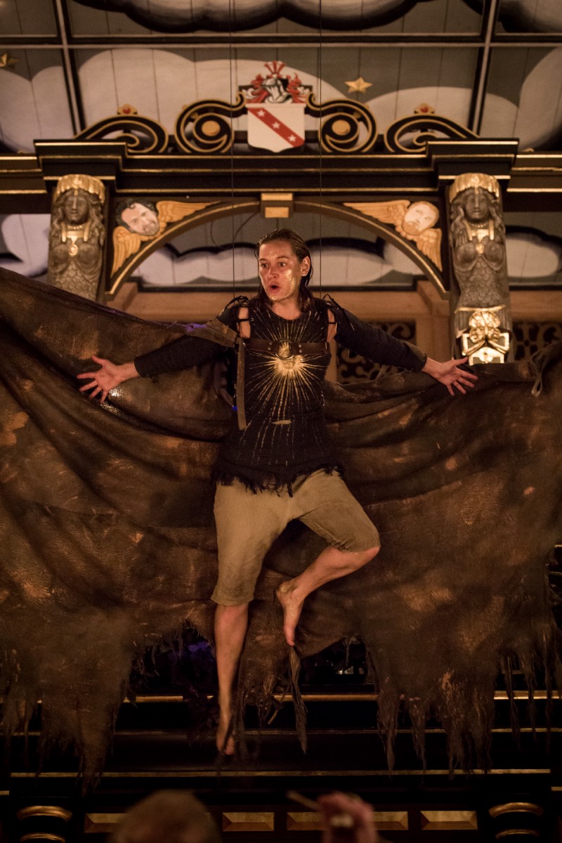 PippaNixonAriel A woman with ragged wings flying in the Sam Wanamaker Playhouse