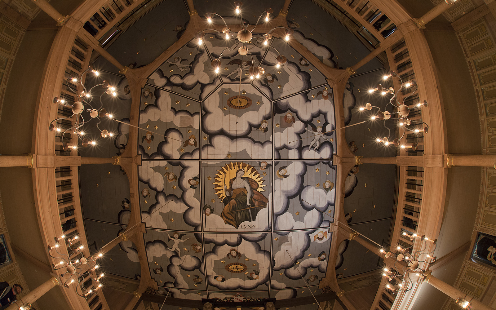 Sam Wanamaker Playhouse Ceiling Pete Le May An intricately painted ceiling, looking up at it from below