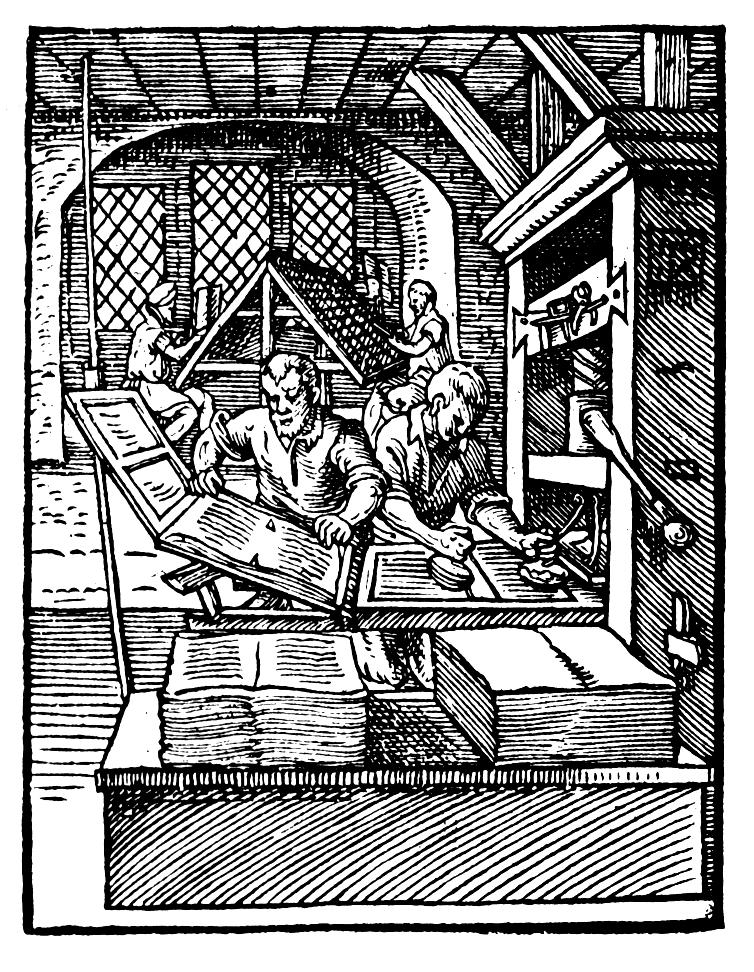 PrintPress2 A woodcut showing men working on a printing press