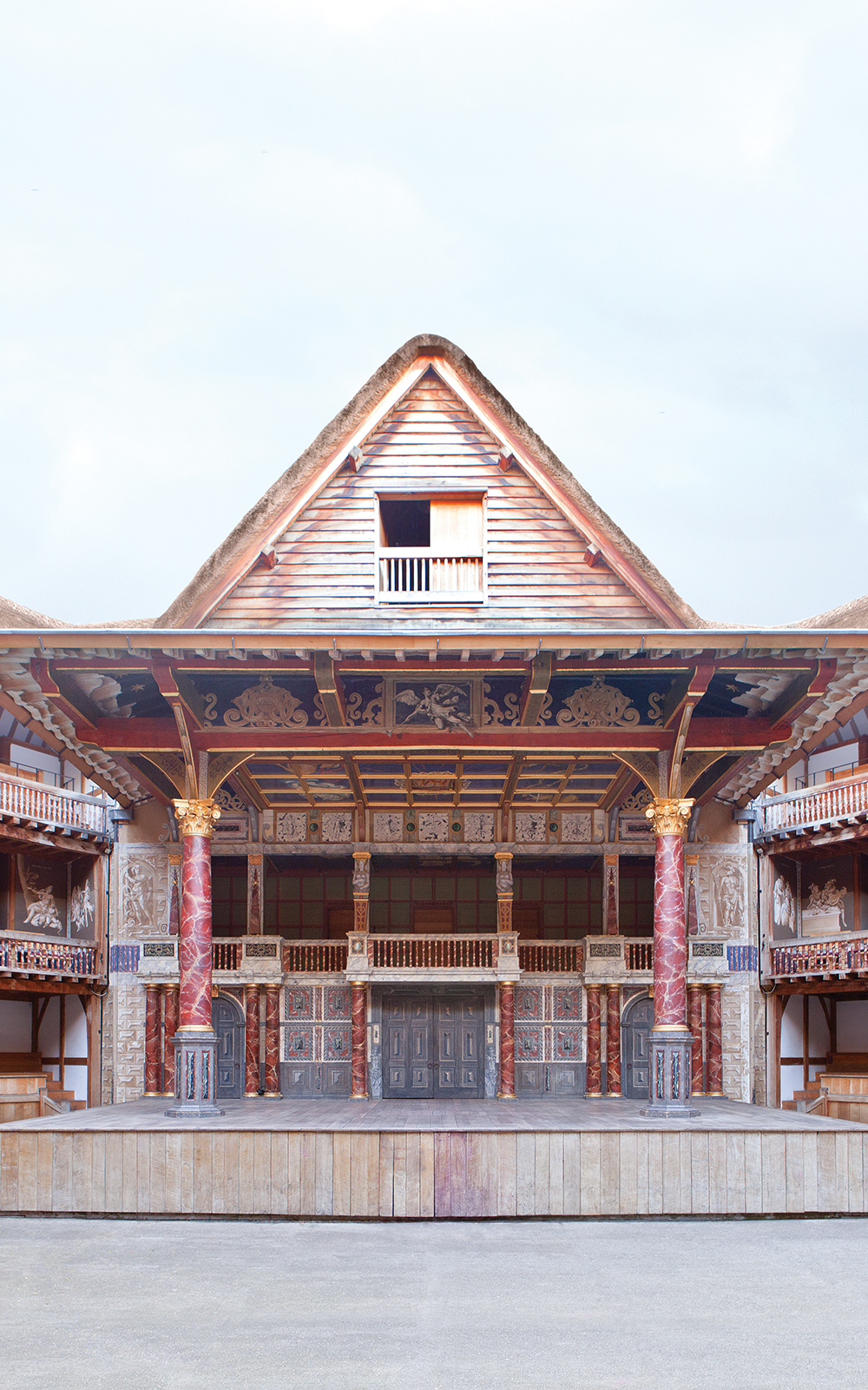 Globe Theatre Stage The front of the Globe Theatre with its pointed roof over the stage