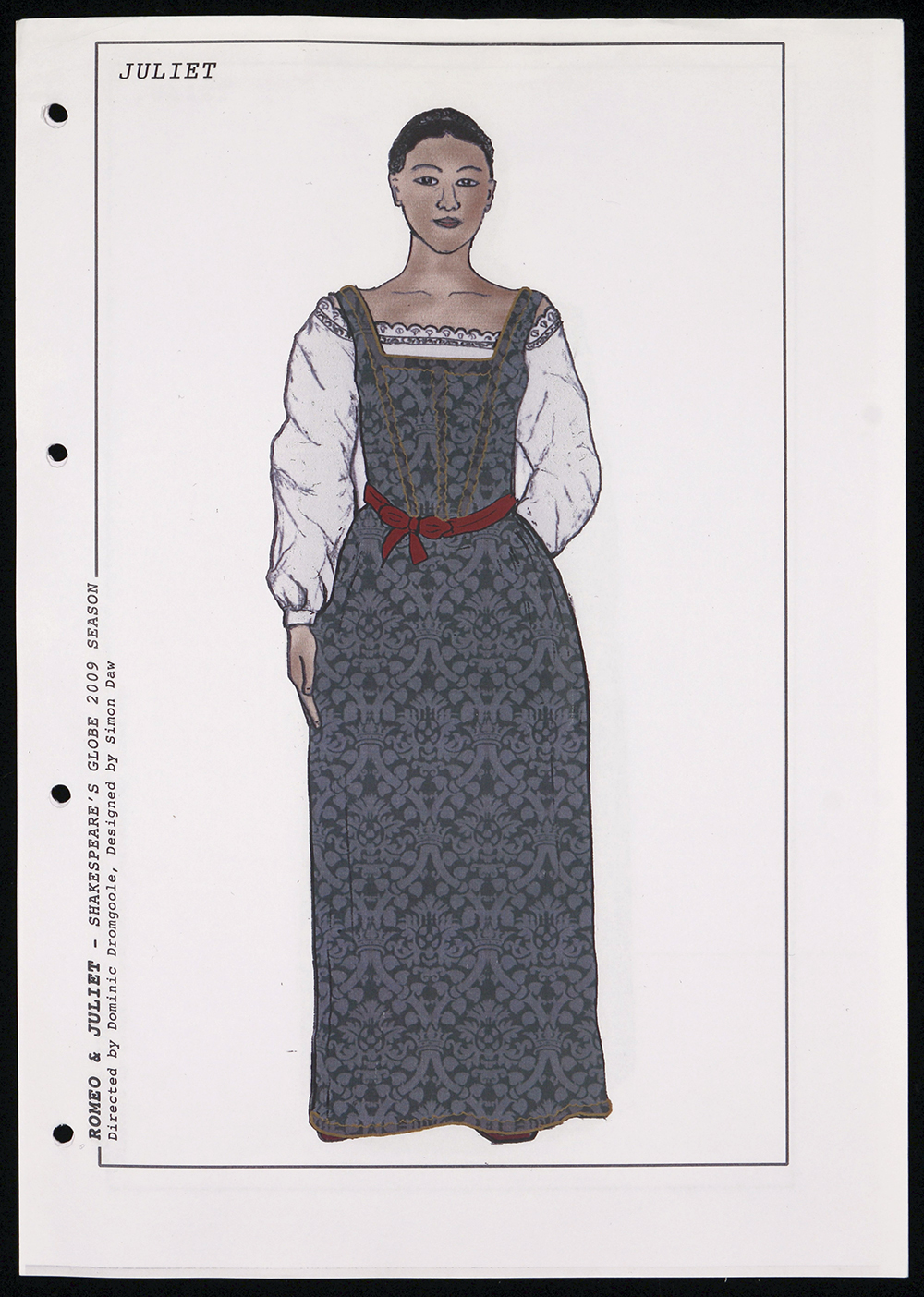 A costume sketch for Juliet, with a blue corset dress.