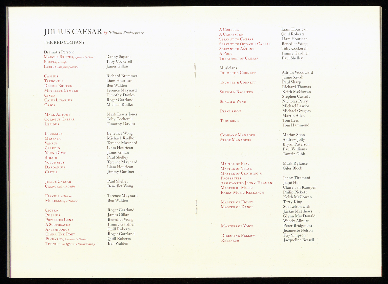 Masters Julius Caesar Shakespeare's Globe A programme listing the names of the cast and creative team.