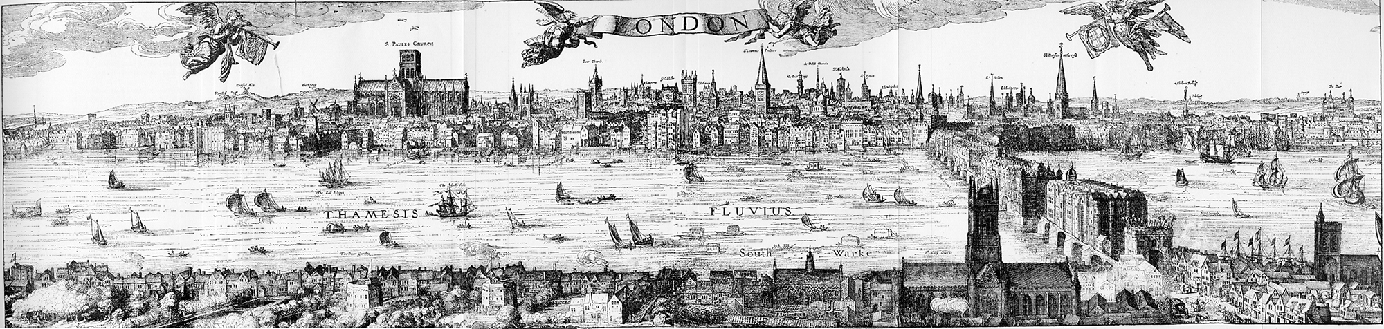 Panorama of London by Claes Van Visscher 1616 A panorama view of London with St Pauls, the City of London to the North, and the theatre and bear-baiting pits to the south of the river, from the early 1600s.