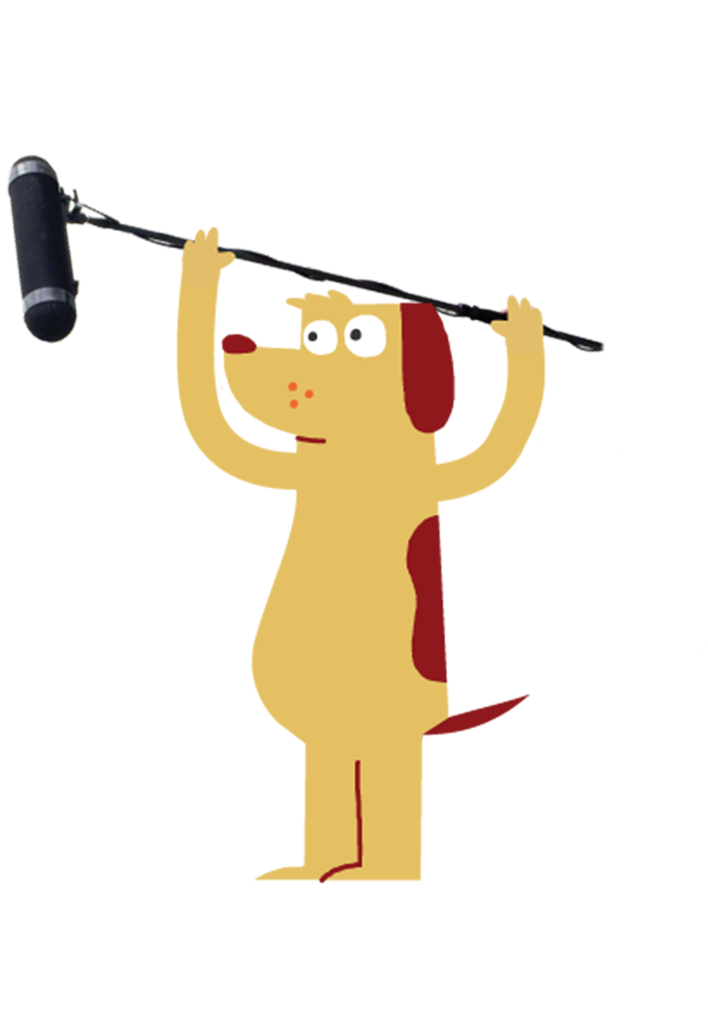 An illustration of a dog carrying recording equipment