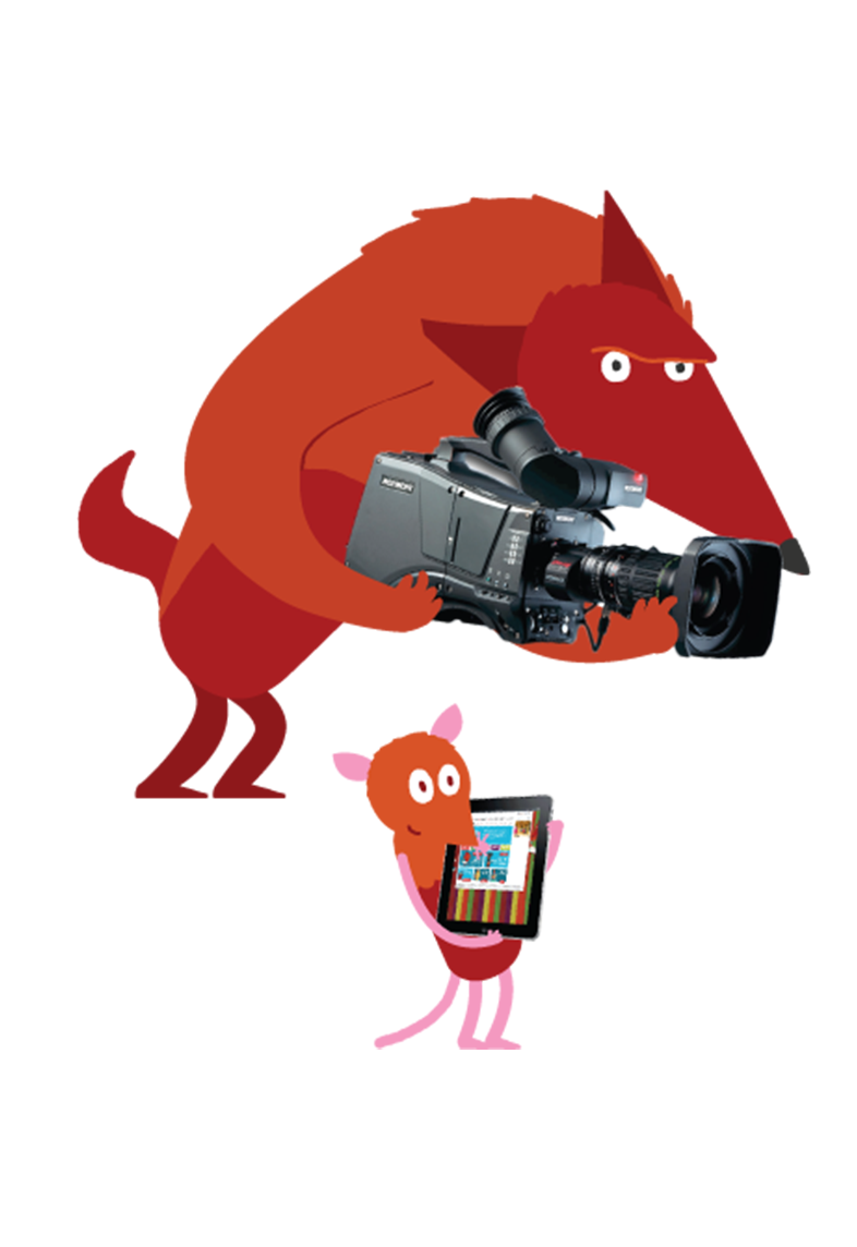 An illustration of animals carrying video recording equipment