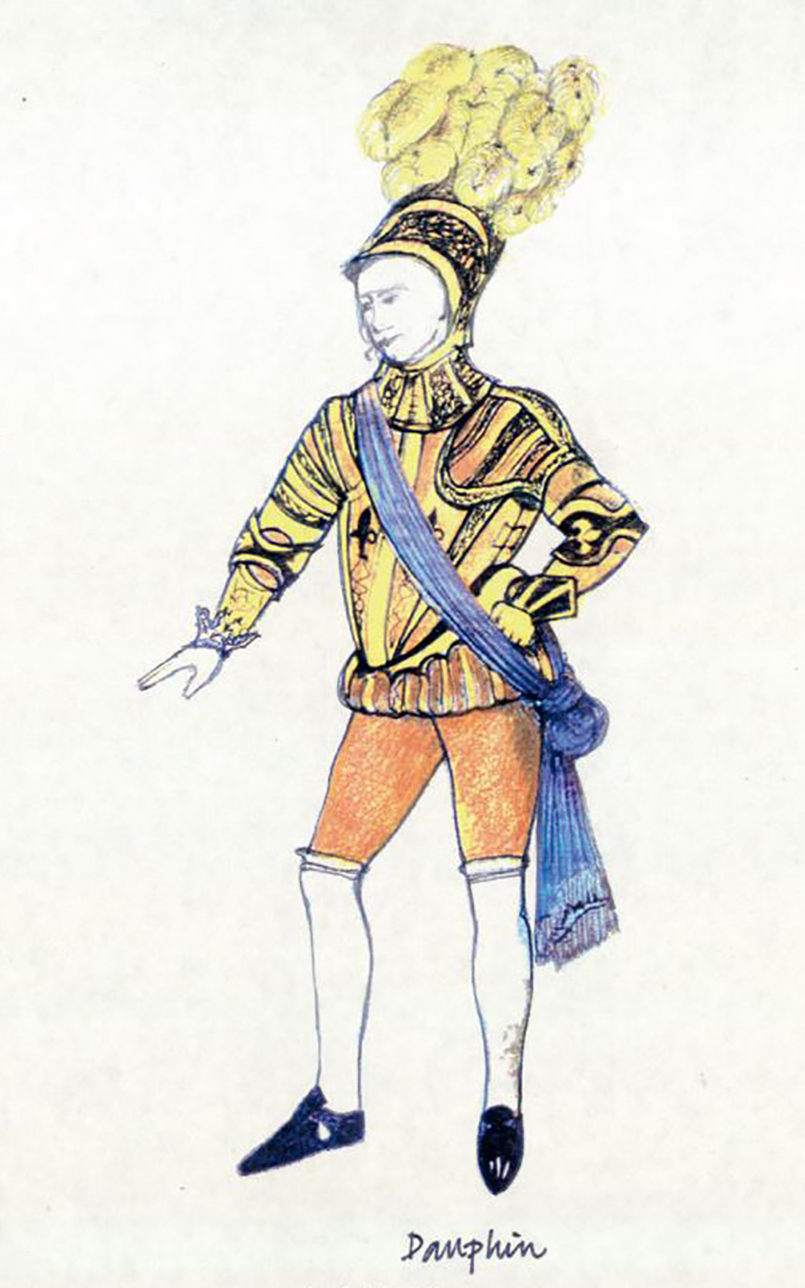 A costume design sketch for a prince with a plume helmet and golden doublet and hose.