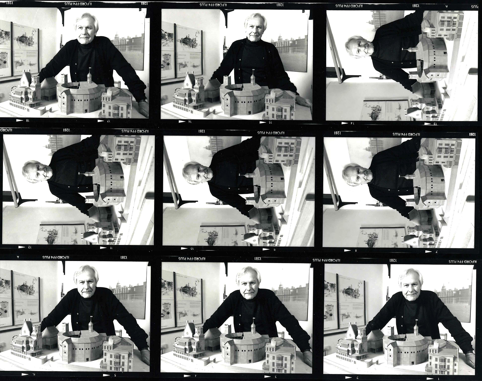 A strip of black and white photographs of a man stood by a model theatre