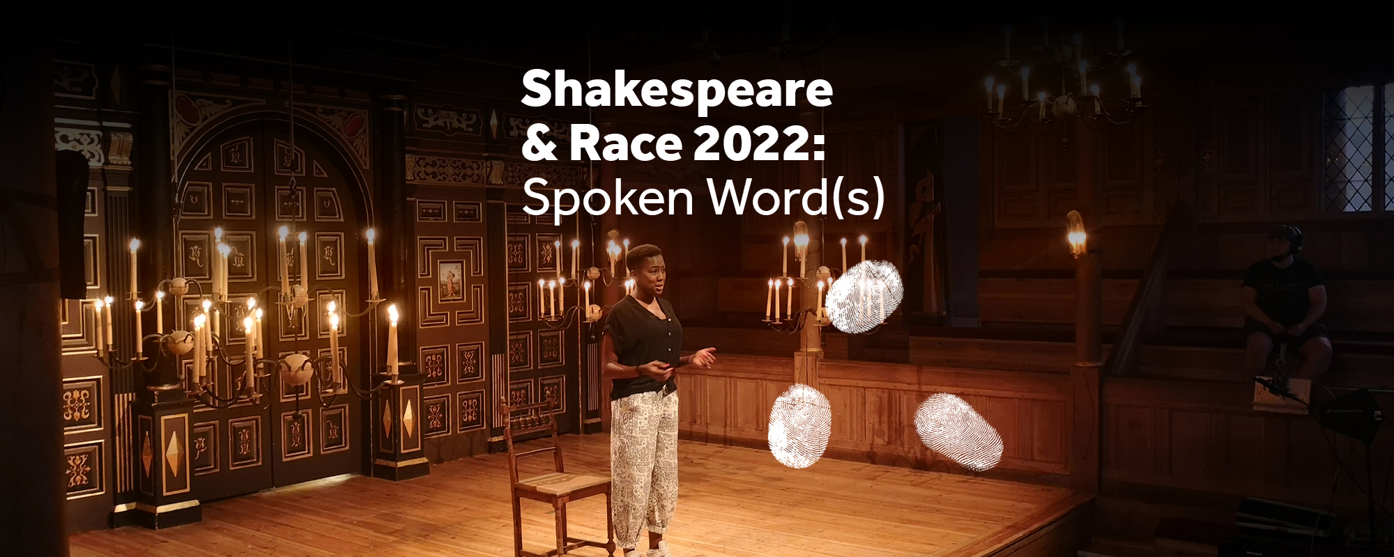 A young black female stands on the Sam Wanamaker Playhouse stage.