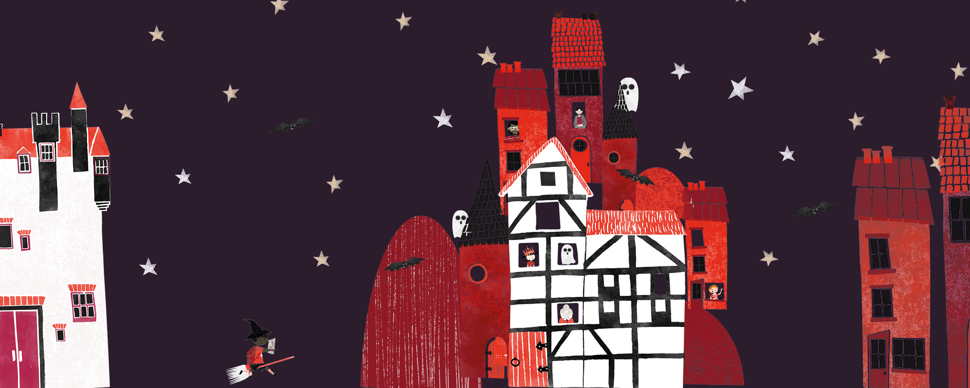 Cartoon of a house with ghost, stars, bats and witches