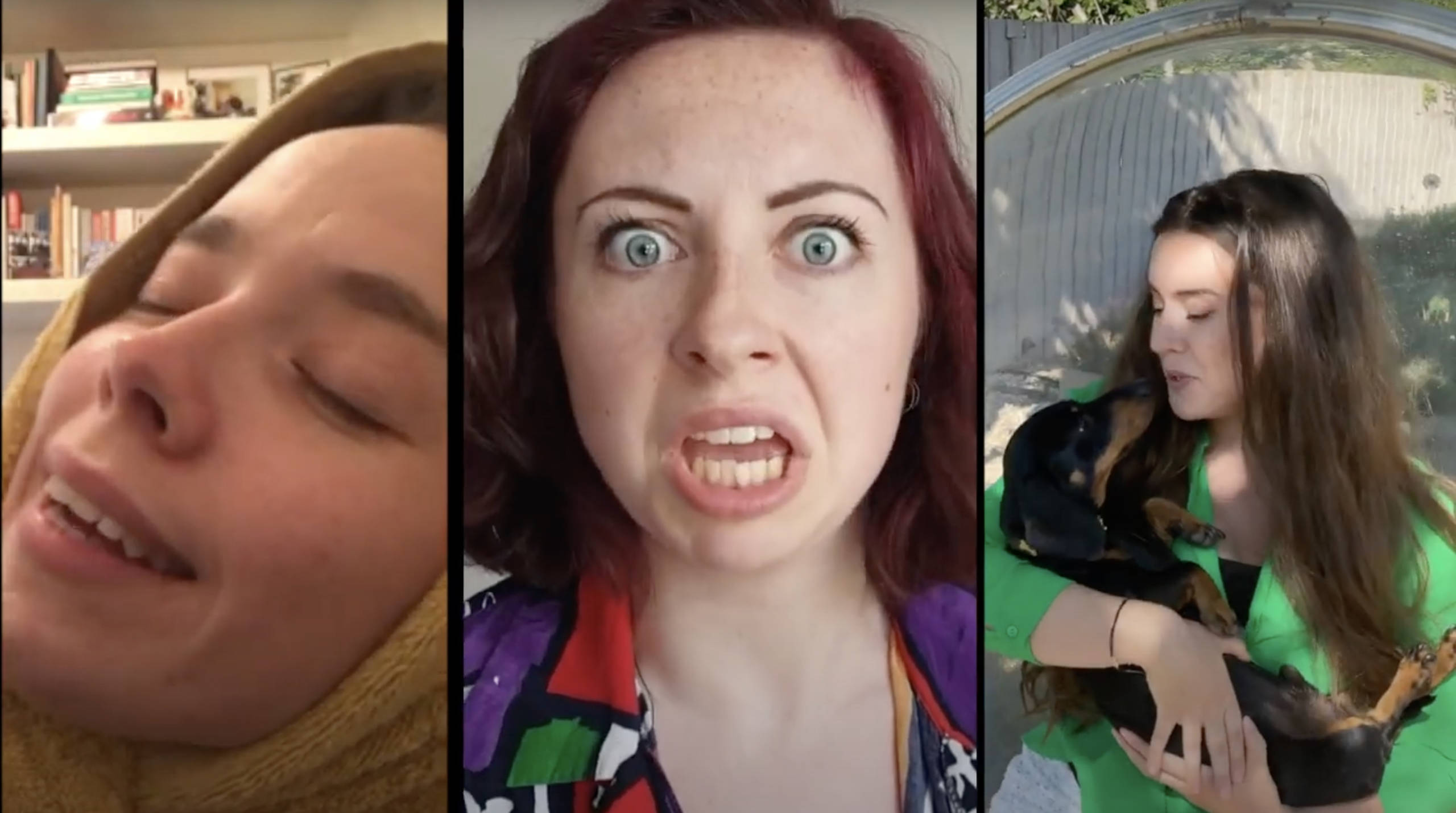 Globe Magazine Article Wanamaker Difference 2020 A split screen shows three actresses, one sleepy, one angry and one cudding a pet
