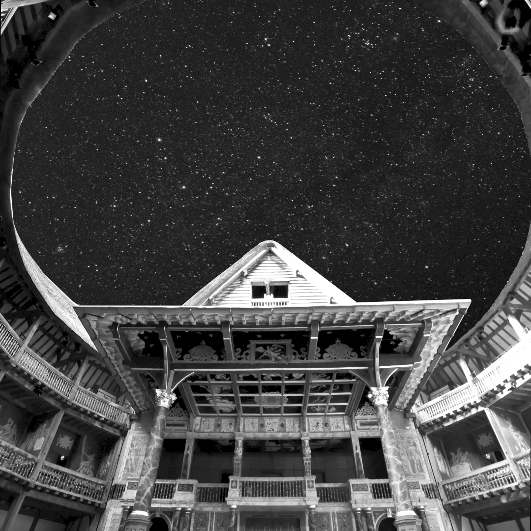 GIF: An animated visual of the inside of the circular wooden Globe Theatre, looking up at a snowy sky. The text fades in: Wishing you and your loved ones all the best for the holiday season. Thank you for all your support in helping us save the Globe as we look positively to 2021.