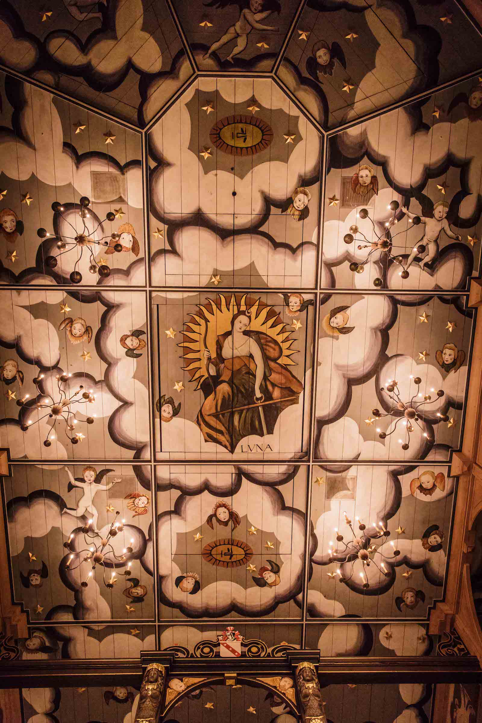 Sam Wanamaker Playhouse Ceiling An intricately painted ceiling, looking up at it from below, with illustrations of clouds and angels