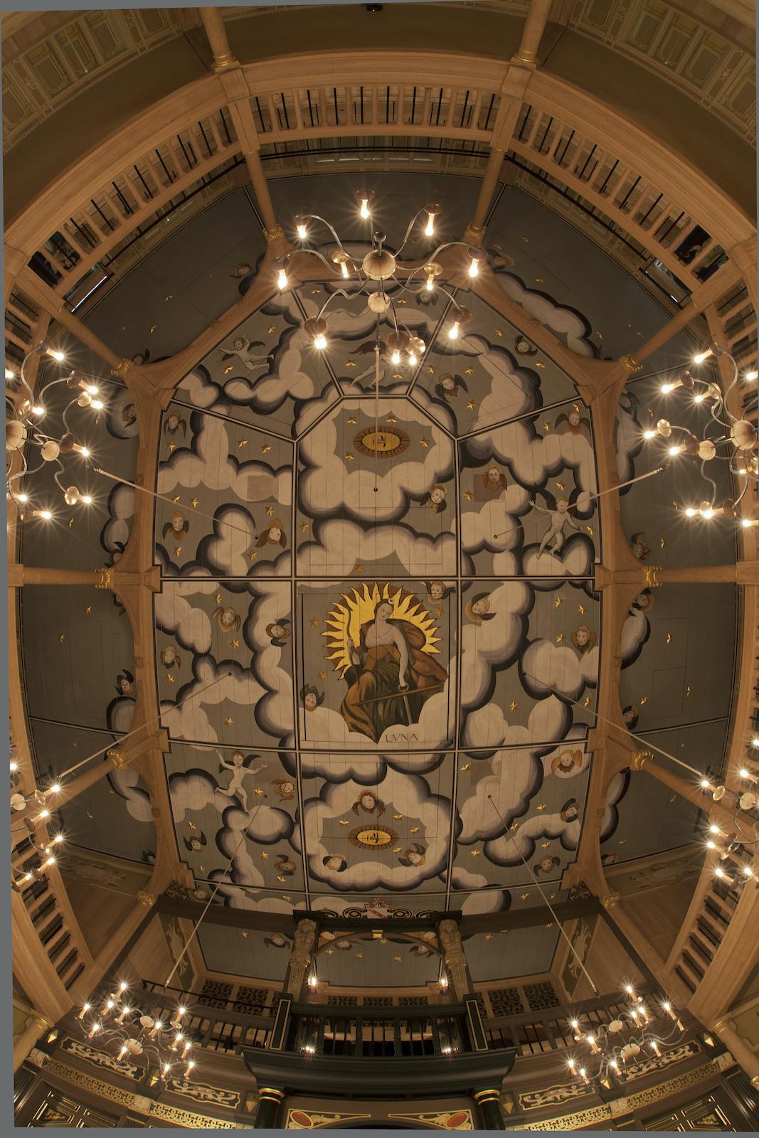 Sam Wanamaker Playhouse Candlelit Ceiling A decorated ceiling with candles