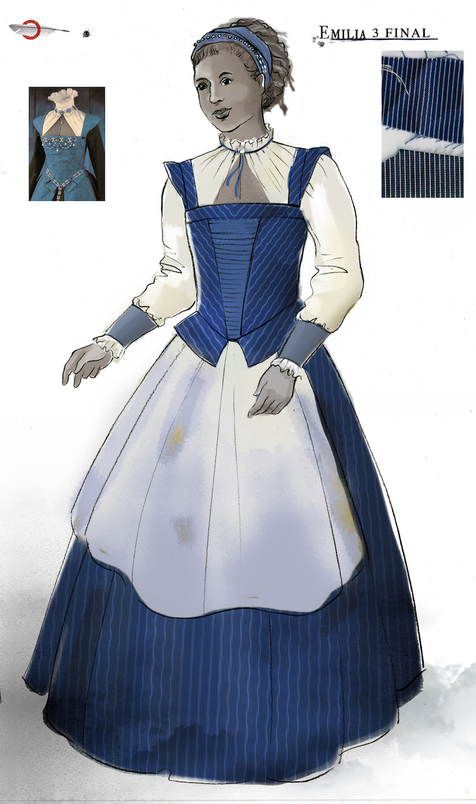 A costume sketch of a blue and white Elizabethan dress