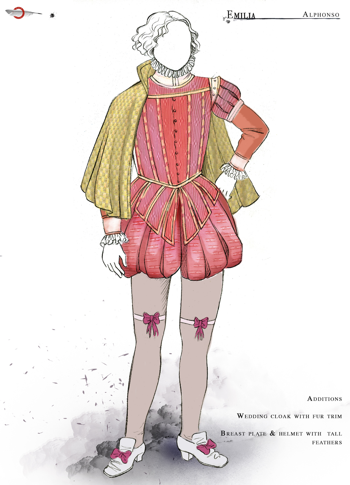 Emilia Alphonso Costume Design Jo Scotcher Shakespeare’s Globe A costume sketch of male Elizabethan clothing complete short breeches and a ruff
