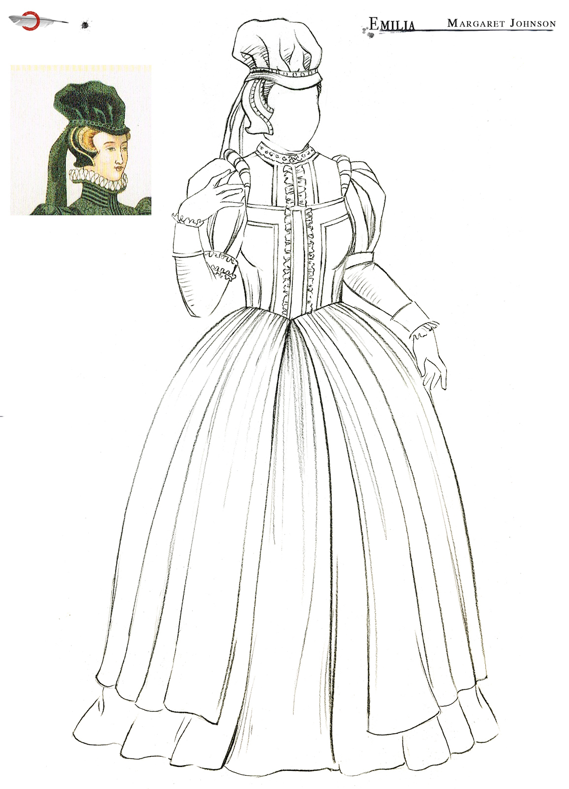 An outline sketch of an Elizabethan dress and headwear