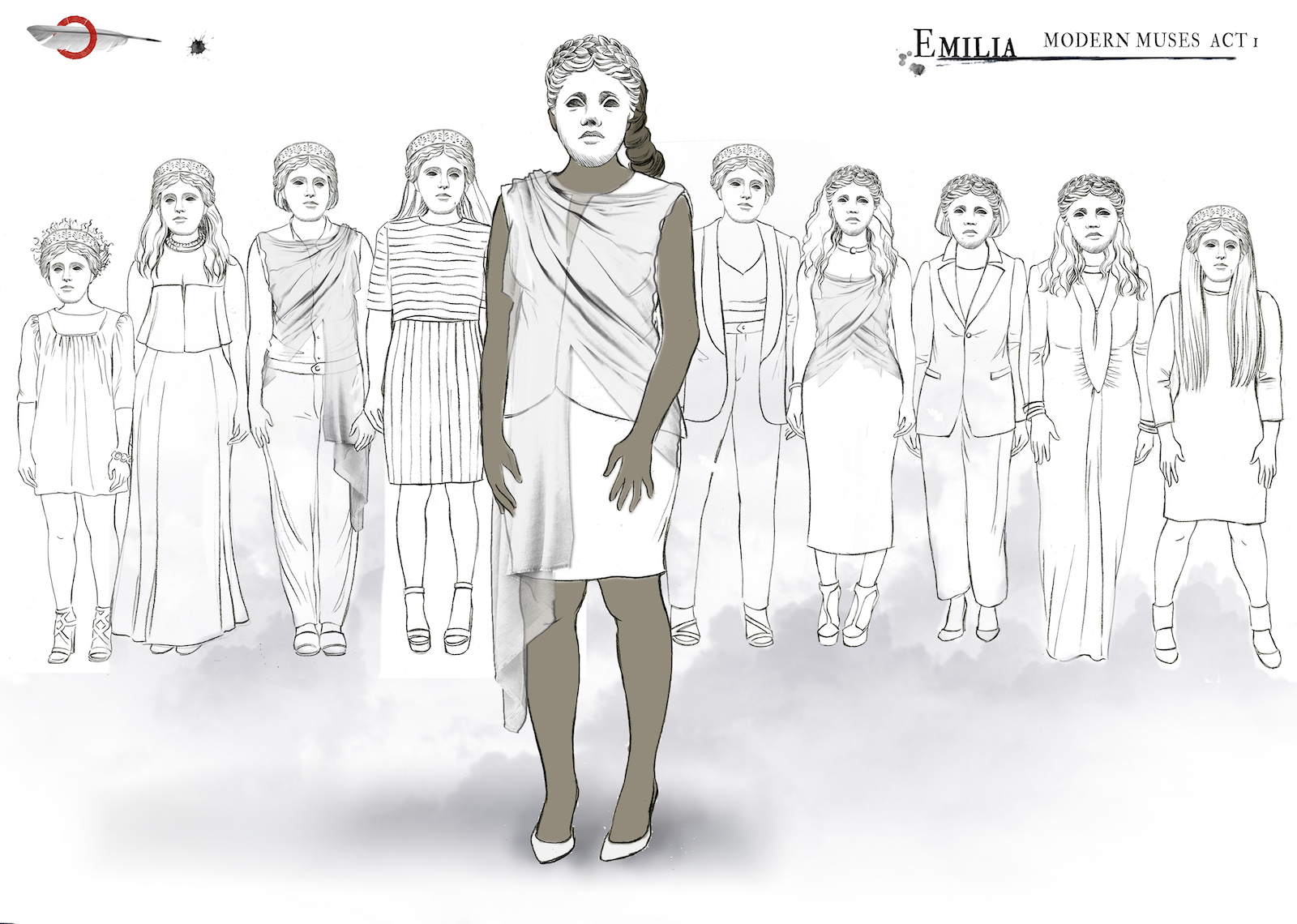 Outline sketches of costume design shows 10 different outfits