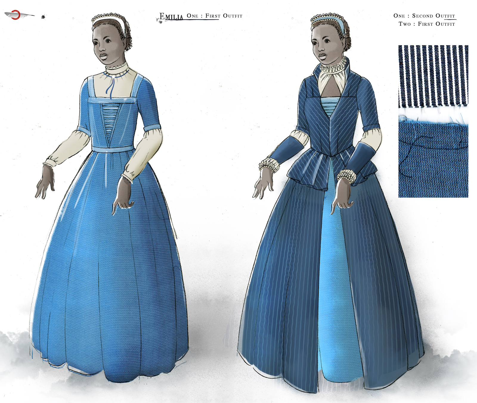 Emilia Costume Design Jo Scotcher Shakespeare’s Globe A costume sketch of two blue Elizabethan dresses