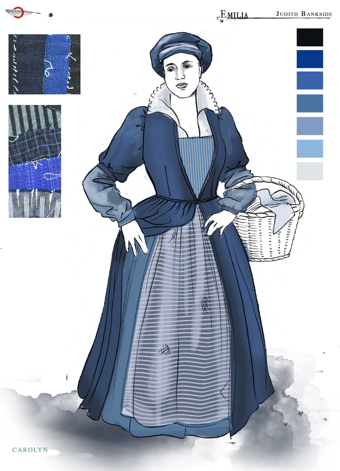 A costume sketch of a blue Elizabethan dress