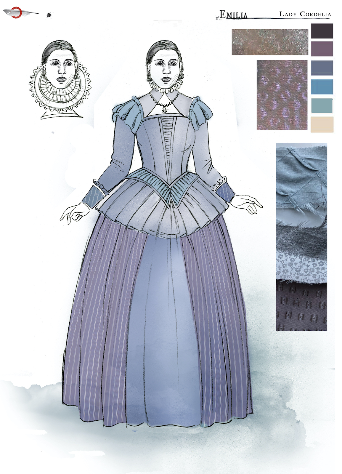 A costume sketch of a lilac Elizabethan dress