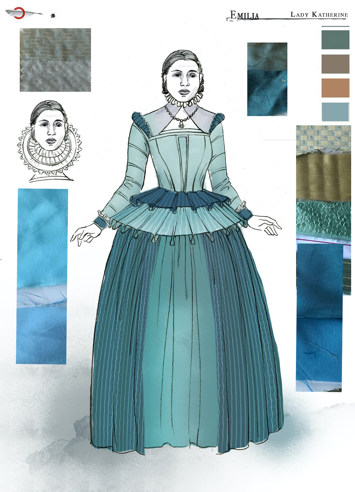 Emilia Lady Katherine Costume Design Jo Scotcher Shakespeare’s Globe A costume sketch of a green Elizabethan dress