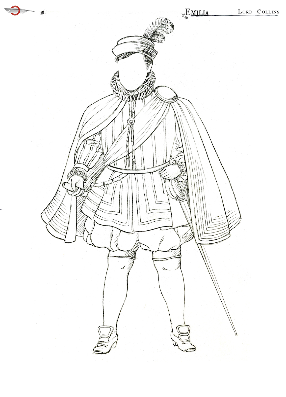 An outline of a costume sketch of a male Elizabethan costume