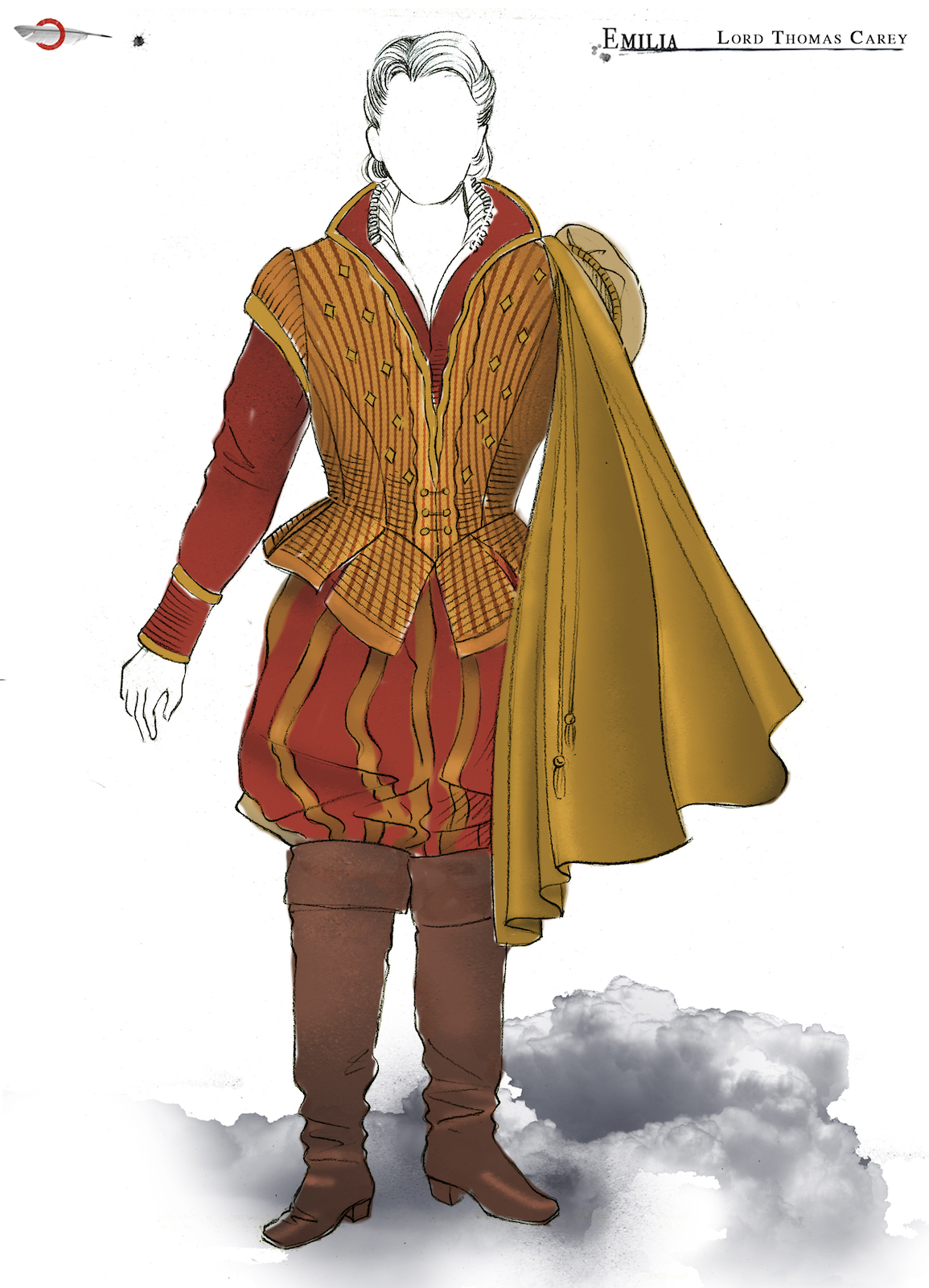 Emilia Lord Thomas Carey Costume Design Jo Scotcher Shakespeare’s Globe A sketch of a male Elizabethan costume