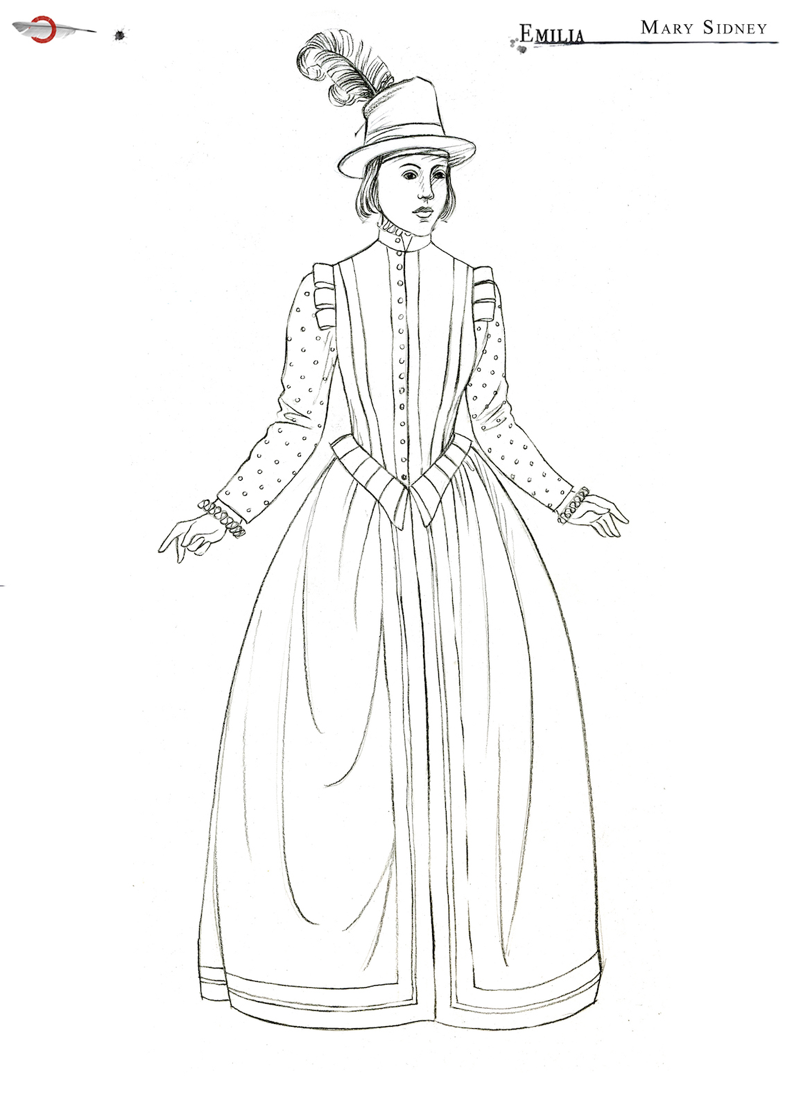 A costume sketch of an Elizabethan dress and a hat with a feather in it
