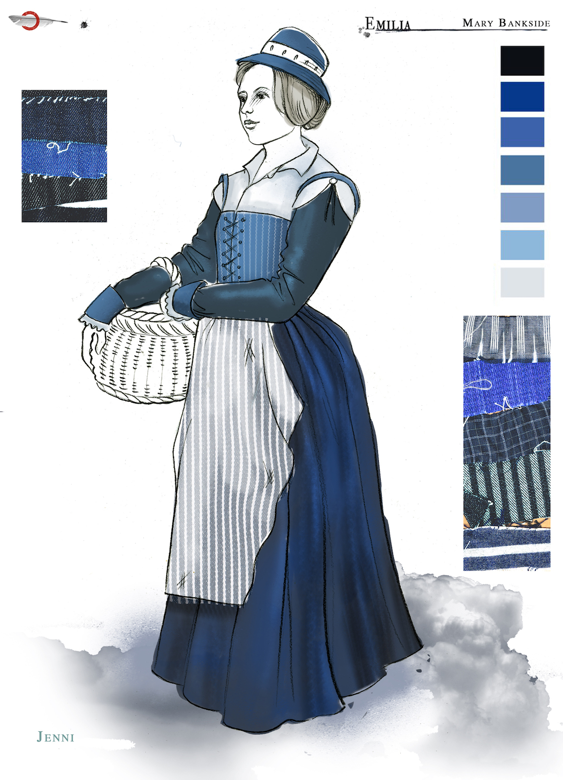 A costume sketch of a blue Elizabethan dress and the figure holds a basket
