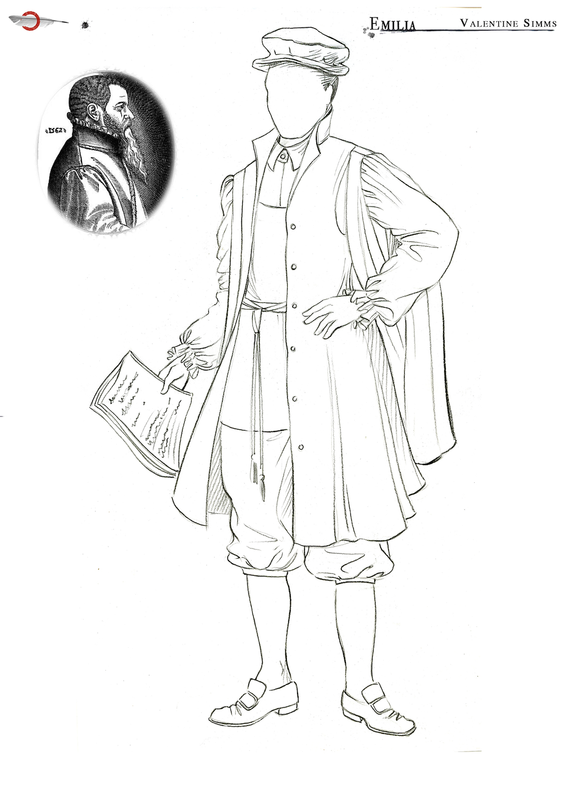 Emilia Valentine Simms Costume Design Jo Scotcher Shakespeare’s Globe A costume sketch of a male outfit with short breeches, shoes, hat and a coat