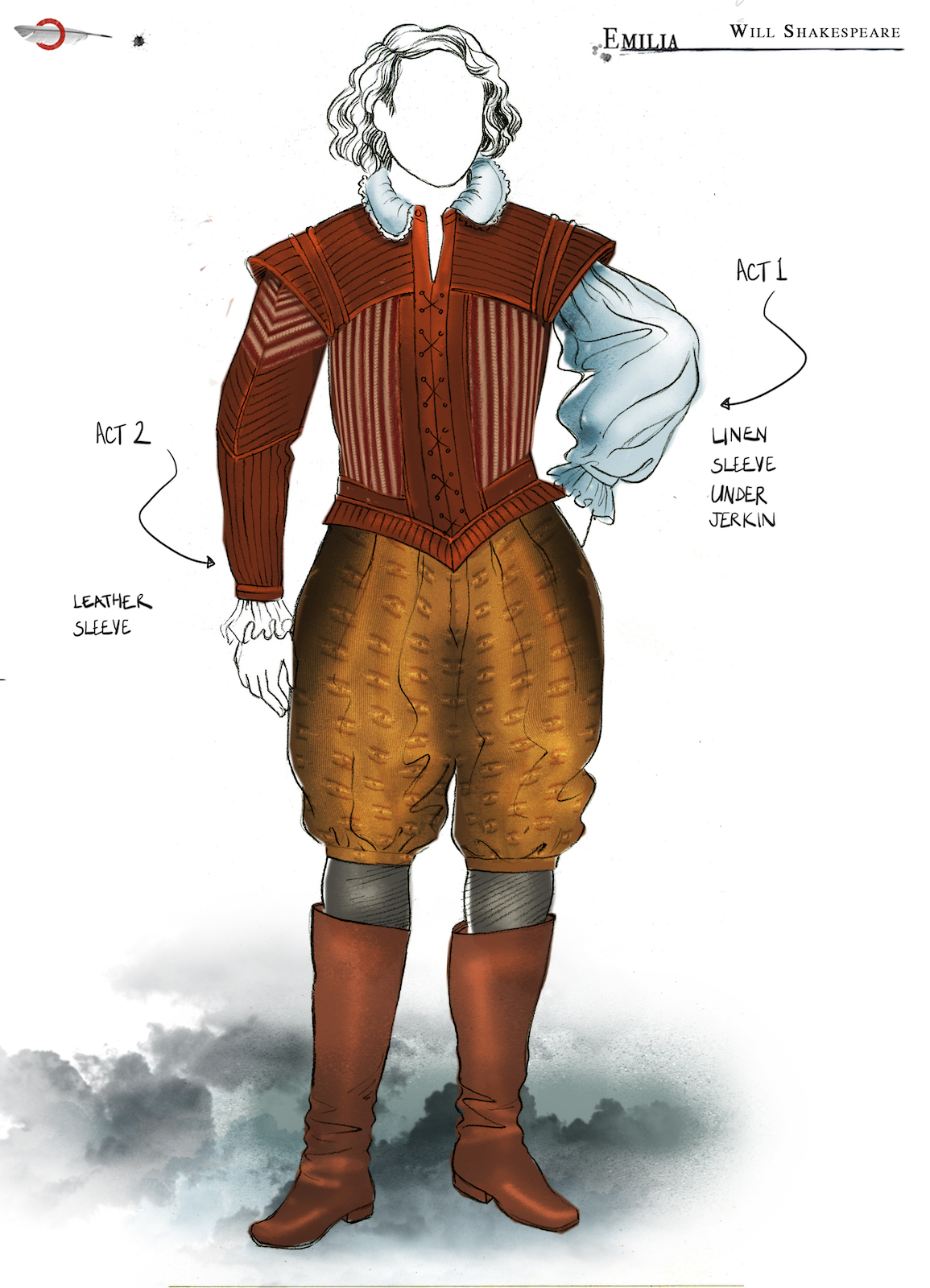 A costume sketch of a male Elizabethan outfit with linen puffed sleeves