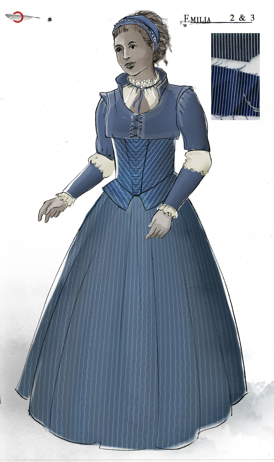 A costume sketch of a blue Elizabethan dress