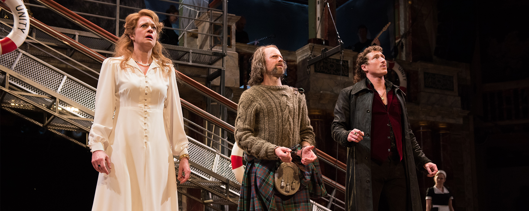Twlefth Night 2017 What you will Blogs and Features Olivia, Antonio and Orsino in Twelfth Night stand in a line in mouths open in shock