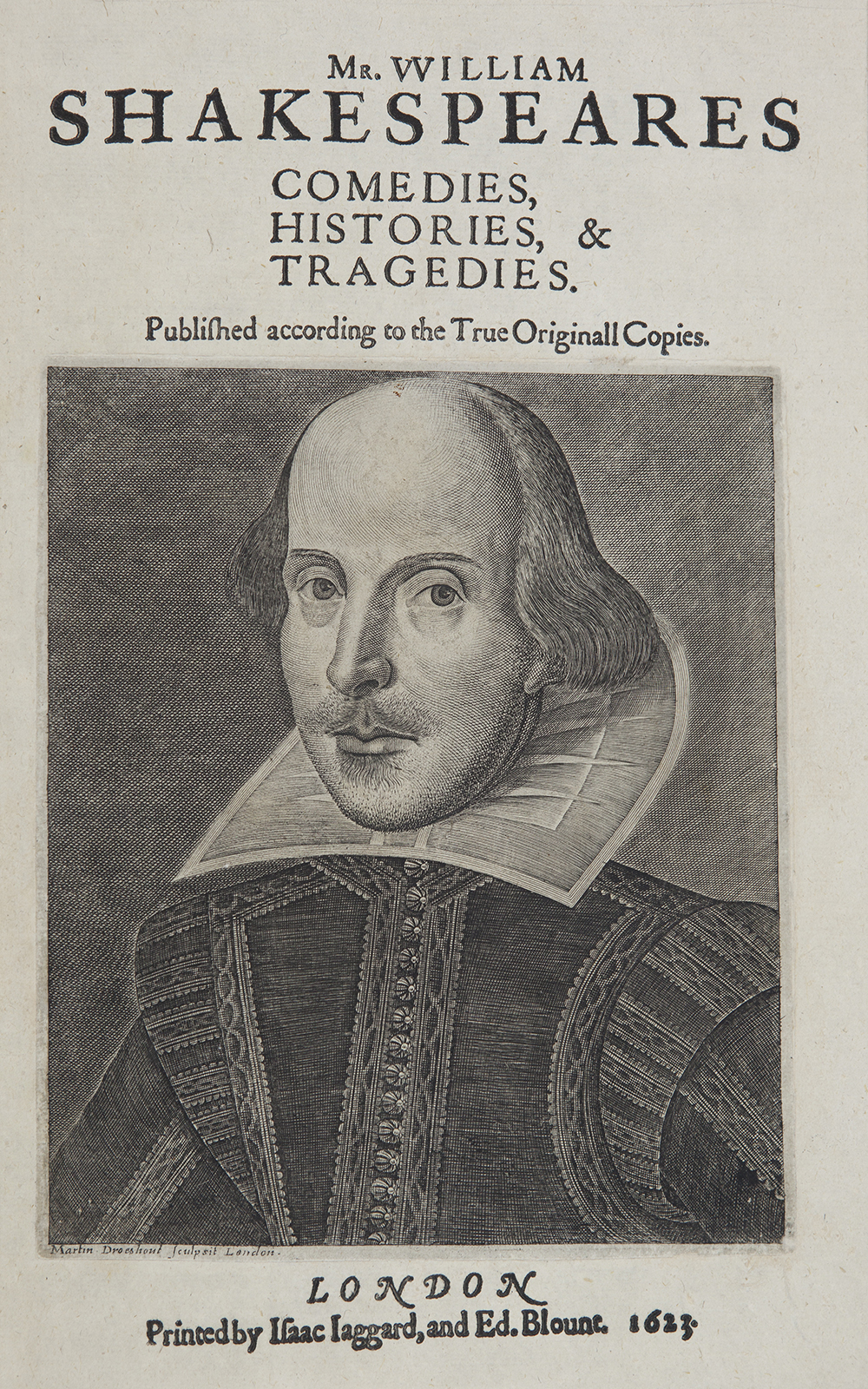 A portrait of William Shakespeare engraved by Martin Droeshout as the frontispiece for the title page of the First Folio