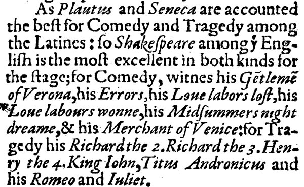 A selection of the text Palladis Tamia, listing some of Shakespeare's plays, including Lous Labour's wonne