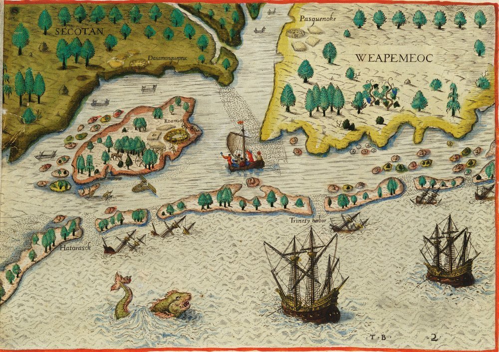 1219hpr_138ae3f39f4f3a4 A map illustration showing ships arriving in the land to be known as 'Virginia'