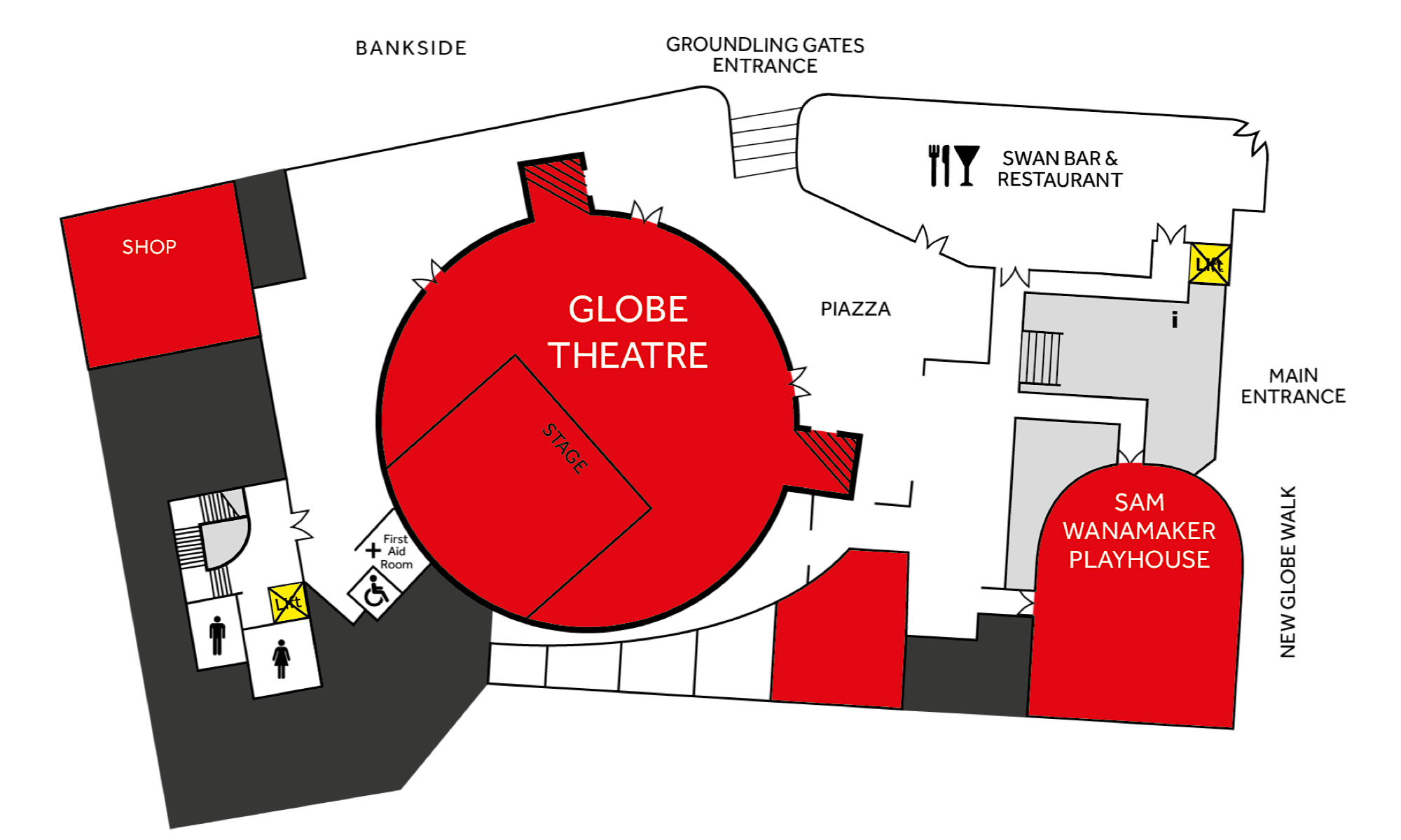 Map Summer 2021 Shakespeare’s Globe Theatre A map shows two entrances to a theatre, one called ‘Groundling Gates Entrance’ and the other, round the corner, says ‘Main Entrance New Globe Walk’