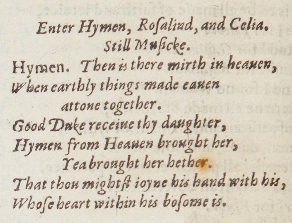 As You Like It First Folio detail Shakespeare's Globe A detail of a script from the Early Modern Period.