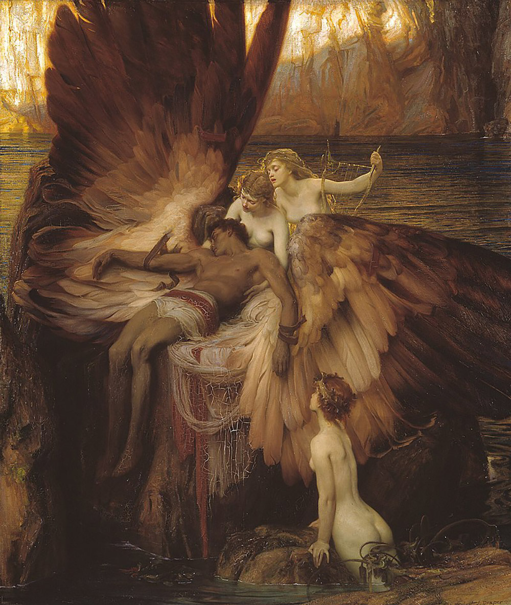 A painting of the fall of Icarus, his wings are spread over the ground as three nude women mourn over his body.