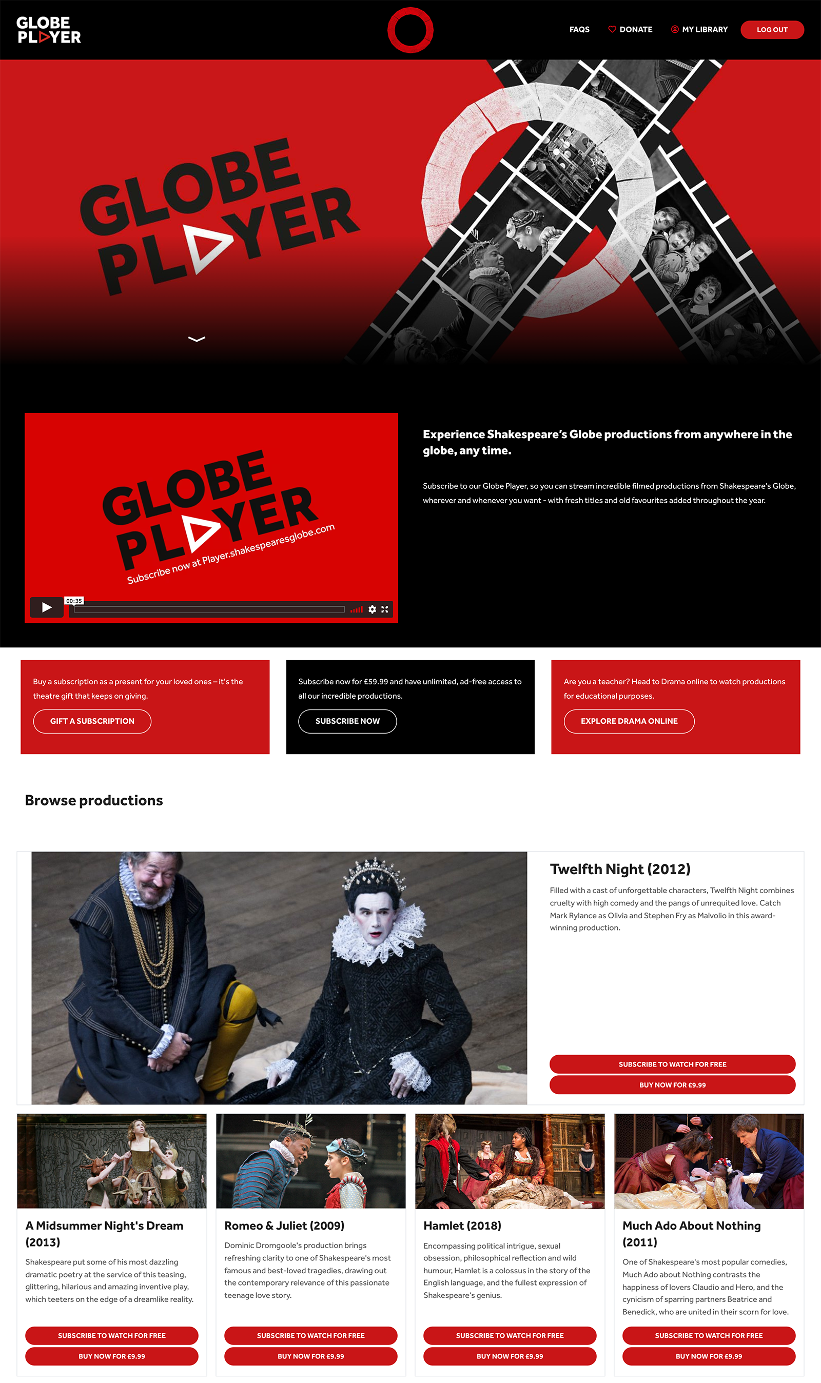 A screenshot of the Globe Player website: the video-on-demand service from the Globe. A red banner image reads 'Globe Player' at the top, with reels of film. Underneath there are images from Globe productions with information on how to stream.