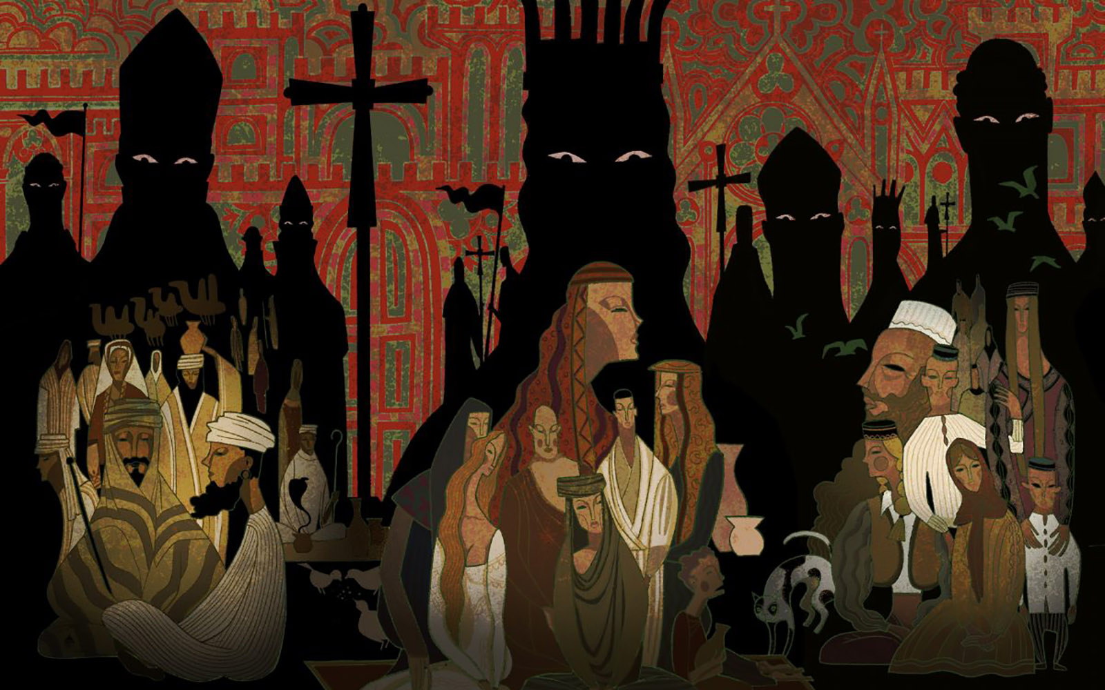 An illustration depicting shadowy King figures overlooking various people standing and kneeling in old robes.