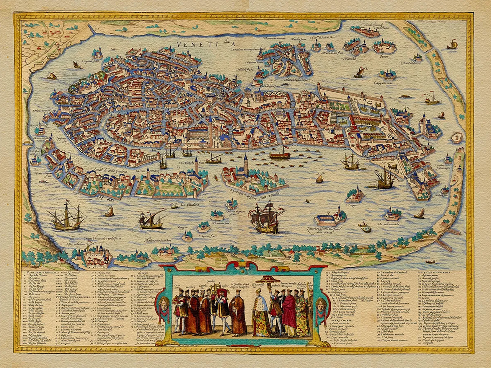An old map illustrating a bird's eye view of Venice with its winding streets and canals.