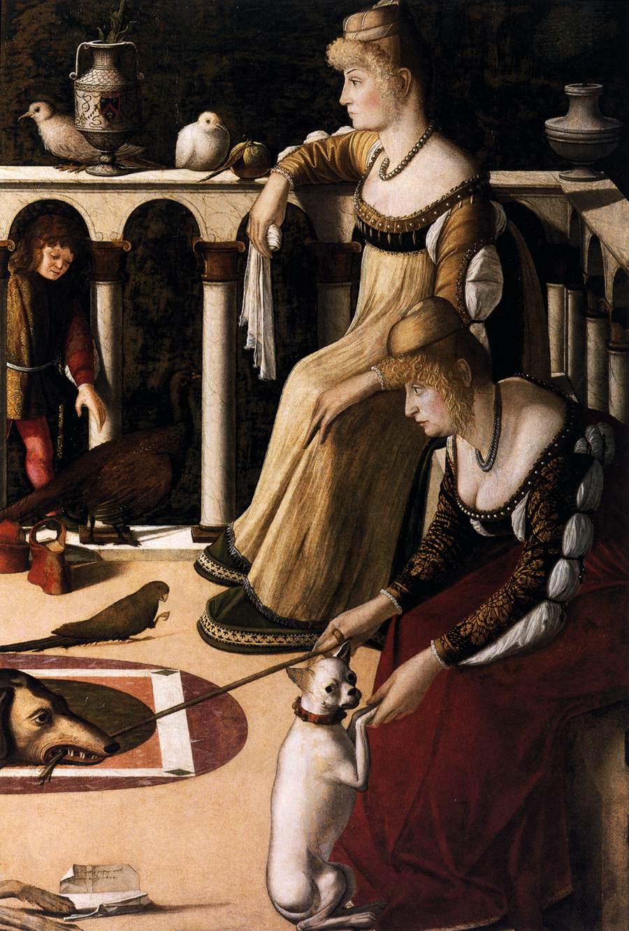 Vittore_carpaccio,_due_dame_veneziane A painting of two women on a balcony. A dog is at the kneews of one