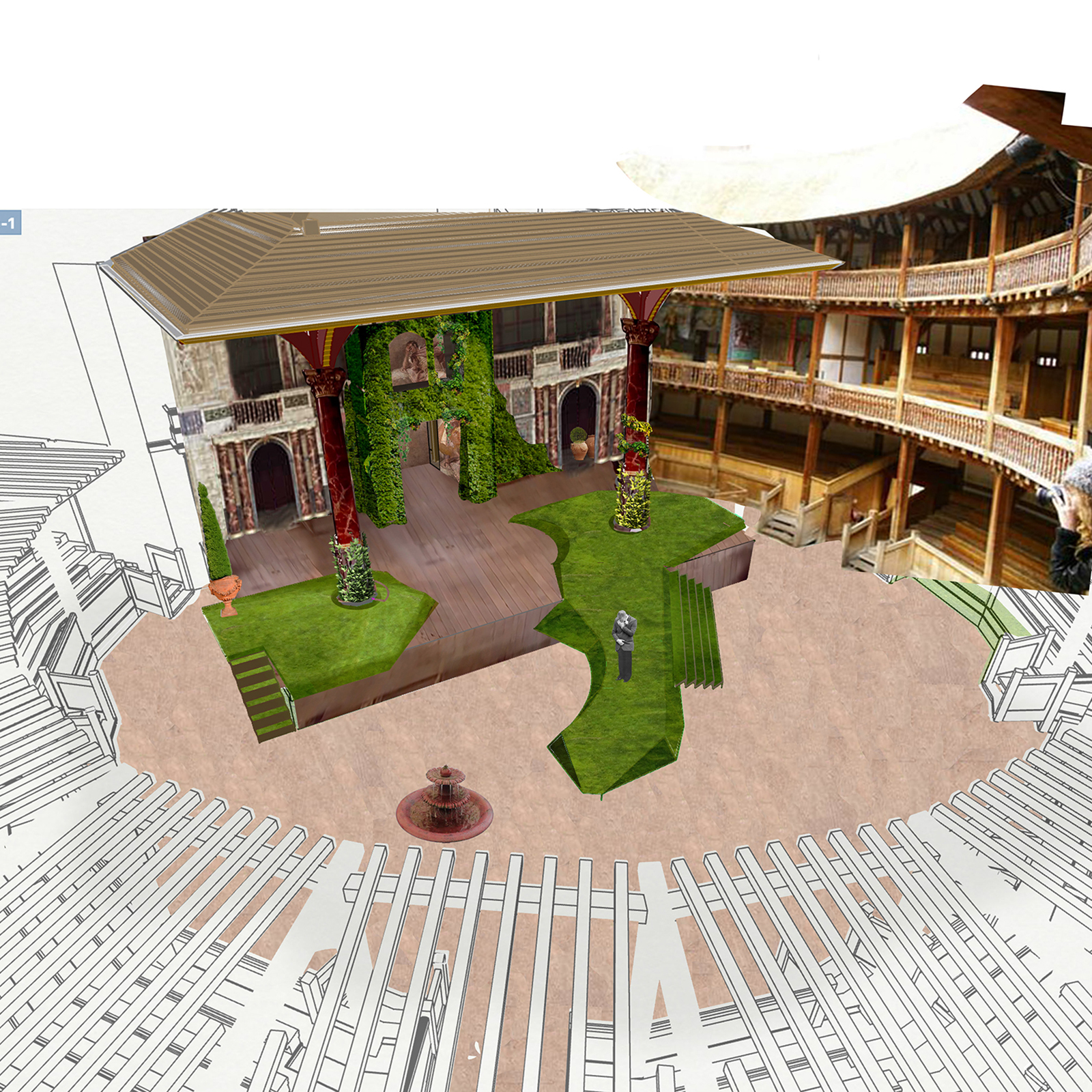 A sketch of the Globe Theatre space showcasing it's natural wooden design blended with the garden design for Much Ado About Nothing. A grassy lawn covers the stage and extends out into the Yard. A water fountain is positioned in the Yard.