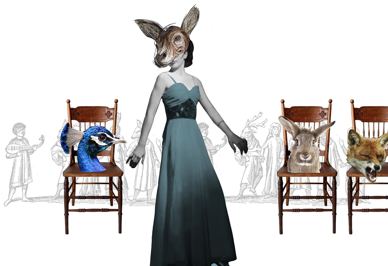 A costume design sketch of a female character wearing a blue party dress with a donkey mask on their head. Behind them sit a peacock and hare mask on chairs.