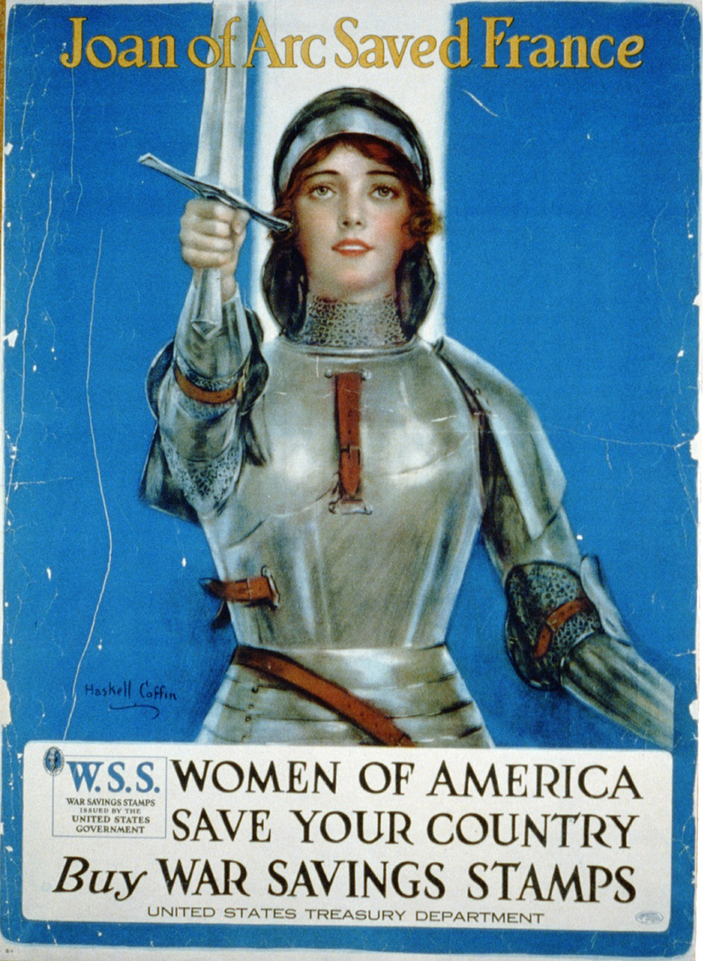 A blue stamp depicting Joan of Arc in Medieval armour holding a sword aloft into the air. Text reads: Women of America save your country.