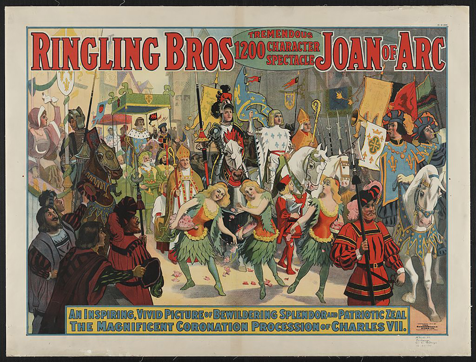 Ringling Brothers Circus depicting the coronation of Charles II of France with characters in colourful costumes parading on white horses through a crowd of people.
