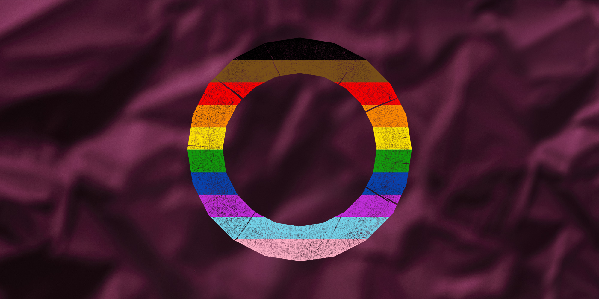 A purple background with the circular logo of Shakespeare's Globe in the rainbow colours of the LGBTQ+ flag