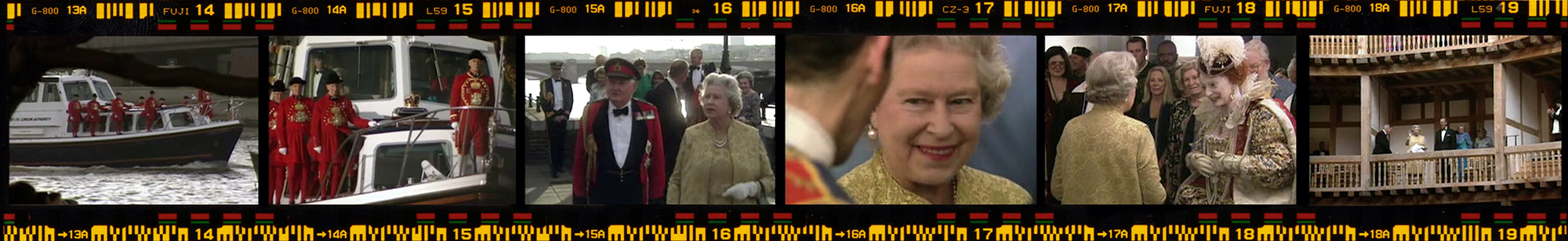 A strip of film photographs showing Her Majesty The Queen attending the opening of the Globe Theatre, including: Her Majesty The Queen travelling by boat with a guard of Royal attendants; a close-up of Her Majesty The Queen smiling.